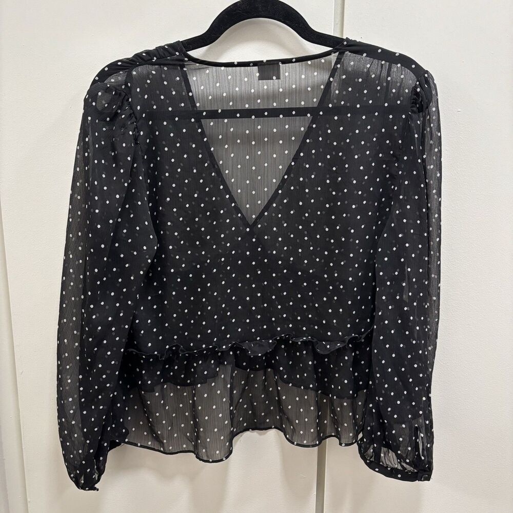 Aritzia Sunday Best Sz Medium Black White Polka Dot Sheer Faux Wrap Blouse - Picture 2 of 8